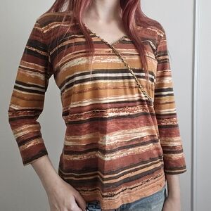 y2k Ruby Rd Striped orange and brown top with a cross over neckline Beaded Small